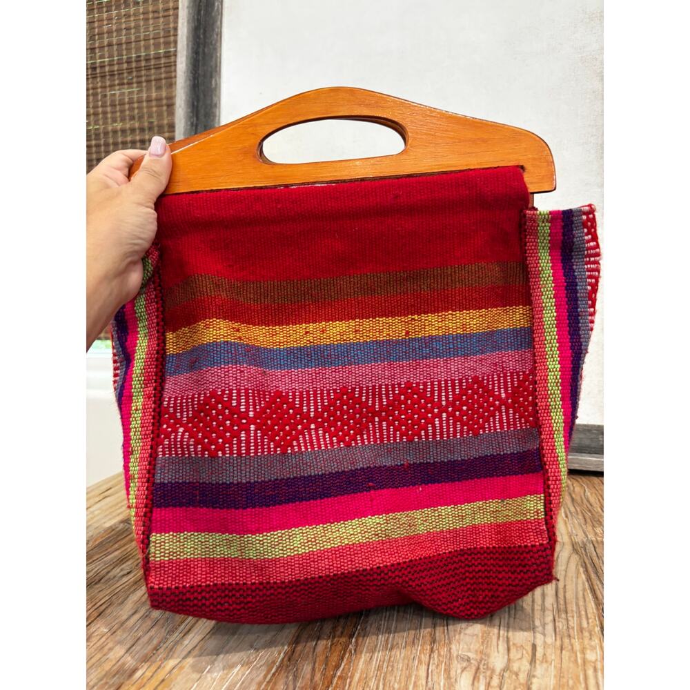 Vintage Pinzon Woven Boho Handbag Wooden Handles Colorful Textile Purse